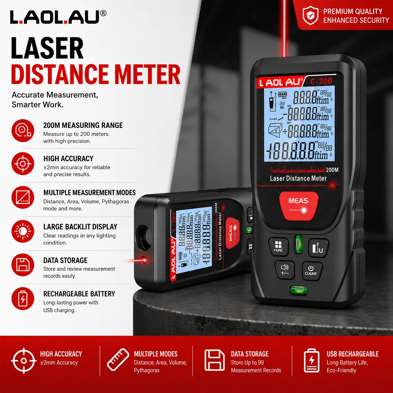 Power Tools Red - LAOLAU 50m/100m/120m/200m Medidor de distancia láser